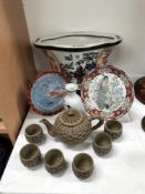 A large oriental planter etc including tea set