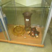 A Victorian slag glass vase, a carnival glass bowl and an amber glass bowl.