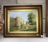 A gilt framed oil on board of a swan near castle signed L.