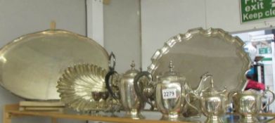 A large silver plate gallery tray, one other, a 4 piece silver plate tea set,