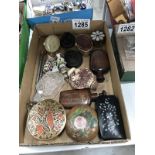 A quantity of scent bottles, pill boxes, lacquered snuff box etc.