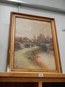 An oil painting of woman walking along country lane signed C R Page / Rags ? 1910