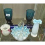 A Bristol blue glass rolling pin and other glass ware.