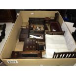 A quantity of wood and leather dolls house furniture including reclining chair, Chesterfield,