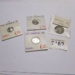 2 George II 3d, 1739 & 1762, A George III 6d, 1817 and a George IV coin.