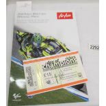 A Day of Champion Moto GP ticket signed 9/6/2011 Marco Simoncelli together with an Air Asia British