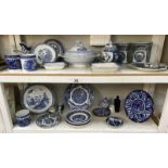 2 shelves of blue and white china and pottery (some A/F)