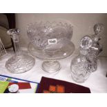 3 good decanters (1 stopper A/F) and a large cake stand and decorative glass fruit bowl