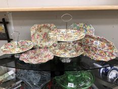 A 2 tier and 1 tier chintz cake stand etc.