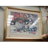 A large gilt framed still life Strawberry and Tea signed Sally Bustman