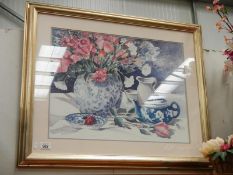 A large gilt framed still life Strawberry and Tea signed Sally Bustman