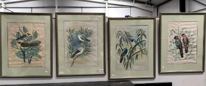 4 framed and glazed silk panels of exotic birds