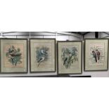 4 framed and glazed silk panels of exotic birds