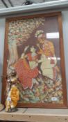 A framed and glazed watercolour on frabric of Indian Lovers