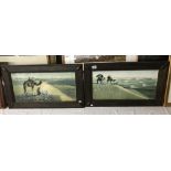 A pair of Arabic desert landscape prints in oak frames