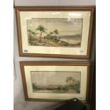 2 framed and glazed watercolours of rural scenes - one featuring shepherd with sheep and dog,
