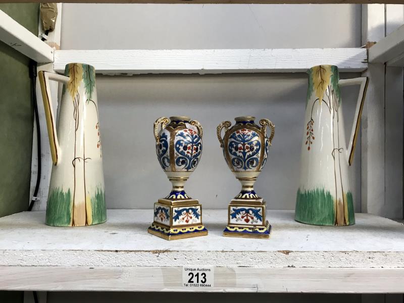 A pair of Noritake urn vases and a pair of Sudlows Burslem jugs