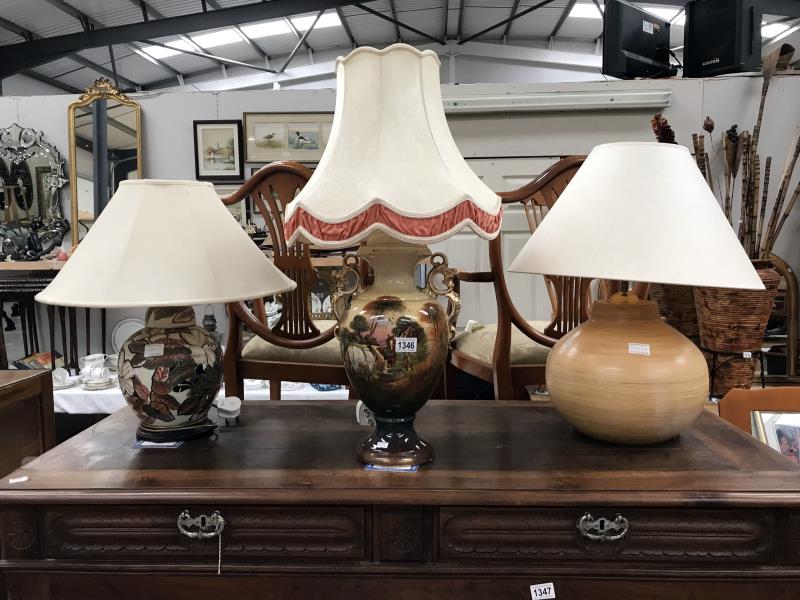 A Victorian vase converted to a table lamp art pottery table lamp and an overlaid pottery floral