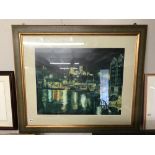 A large framed and glazed print of Lincoln Cathedral from Brayford Wharf East at night from an