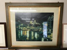 A large framed and glazed print of Lincoln Cathedral from Brayford Wharf East at night from an