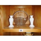 A heavy cut glass basket bowl and 2 Parian style candlesticks