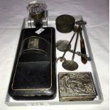 A Victorian glass inkwell, a cased metal trinket box A/F, 3 collectors spoons etc.