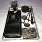 A Victorian glass inkwell, a cased metal trinket box A/F, 3 collectors spoons etc.