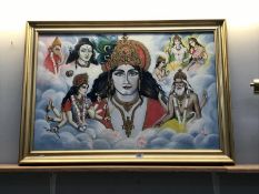 An oil on canvas in gilt frame featuring Indian Deities and gods