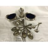 A pair of silver salts with blue glass liners HM Birmingham 1906, 2 silver spoons 1906,