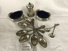 A pair of silver salts with blue glass liners HM Birmingham 1906, 2 silver spoons 1906,