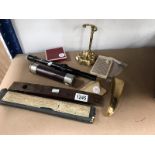 A box of miscellaneous including gunsight, old torch, slide rule,