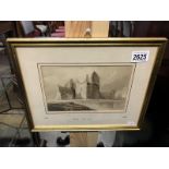 A framed and glazed sepia wash of castle ruins by David Cox senior 1783 - 1859