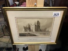 A framed and glazed sepia wash of castle ruins by David Cox senior 1783 - 1859
