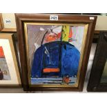 A framed 20th Century Newlyn school acrylic on board picture entitled Newlyn Blue