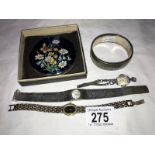 A Stratton compact silver bangle and 3 ladies watches including 1950's cocktail watch