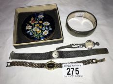 A Stratton compact silver bangle and 3 ladies watches including 1950's cocktail watch