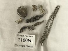 5 silver charms, Victorian silver brooch,