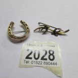 A 9ct gold hollow horse shoe brooch and a 9ct gold bar brooch with swallows set half seed pearls