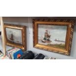 2 gilt framed oil paintings of sailing ships,