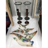 3 flying ducks by Shorter and Son Ltd Stoke-on-Trent and 2 pairs of candlesticks