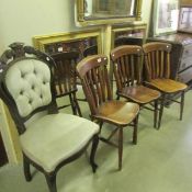 3 oak kitchen chairs carved chair with upholstered seat and buttoned back.