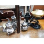 A set of Vector scales with weights and 3 piece silver plate tea set
