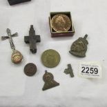 A mixed lot including coins, crosses etc.