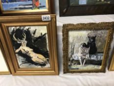 A Russian oil on board 'Lady on bed with bear' signed 'Atamnoff' and a Russian oil on board 'Nude