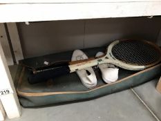 2 old tennis rackets in vintage carry case and a pair of plimsolls