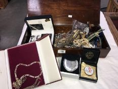 A large old mahogany box full of assorted jewellery