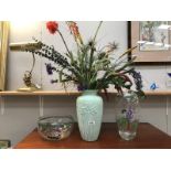 A painted Portmeirion glass bowl and glass vase and 1 other vase with artificial flowers