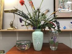 A painted Portmeirion glass bowl and glass vase and 1 other vase with artificial flowers