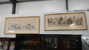 2 framed and glazed watercolours on fabric - Indian marriage procession featuring elephants