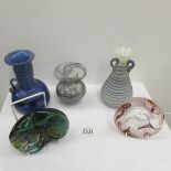 3 studio glass vases and 2 dishes.